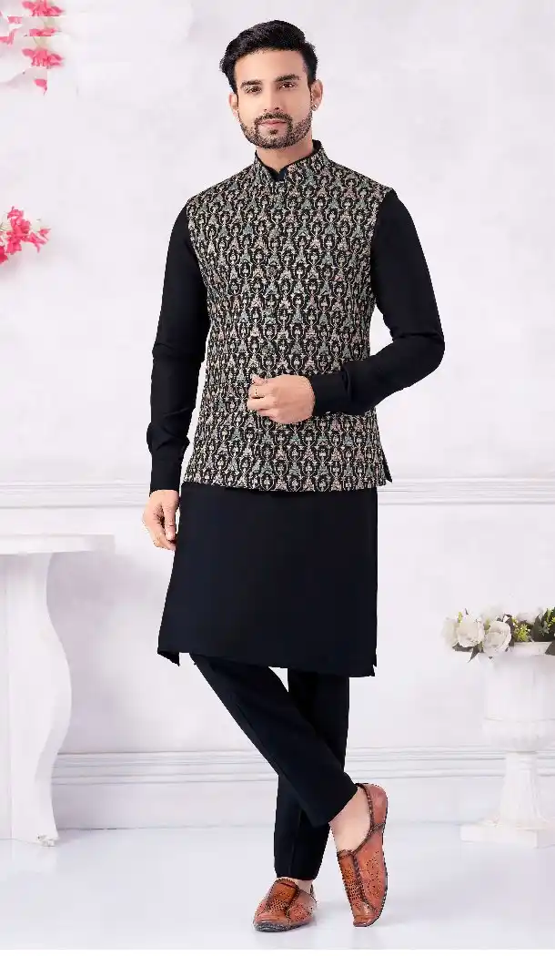 Navy Blue Kurta Pajama in Banarasi Silk for Men – 216388