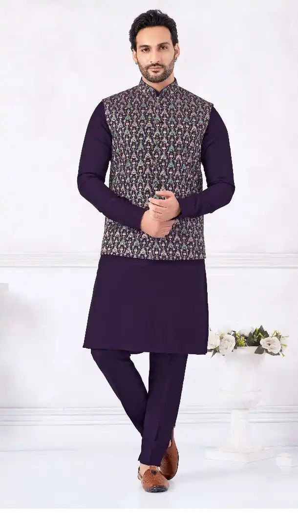 Purple Banarasi Silk Kurta Pajama for Men – 216389