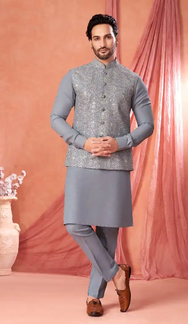 Men’s Ice Blue Banarasi Silk Kurta Pajama Set – 216390