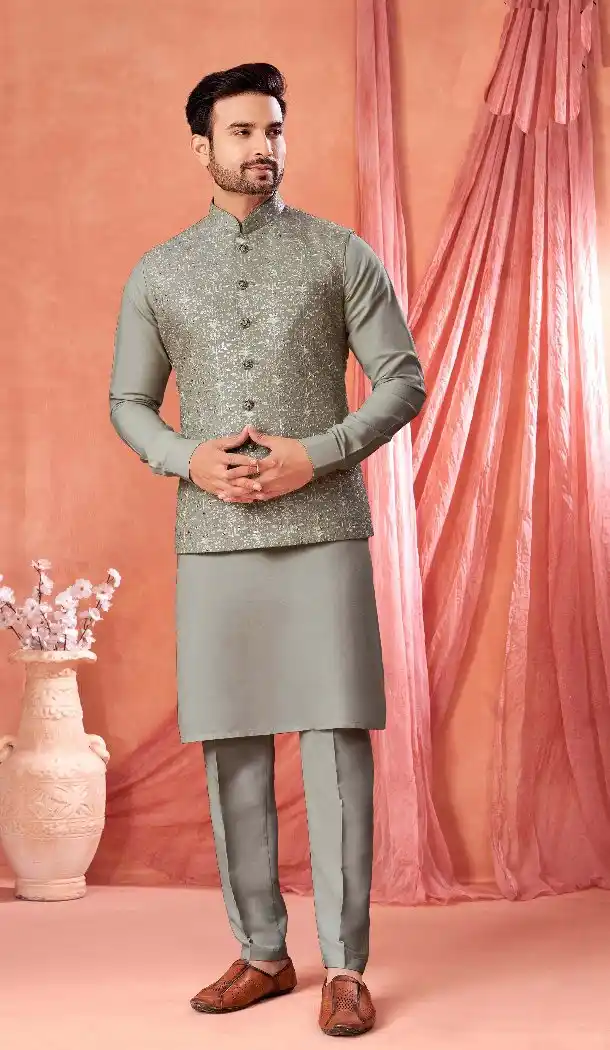 Grey Banarasi Silk Kurta Pajama Set for Men – 216391