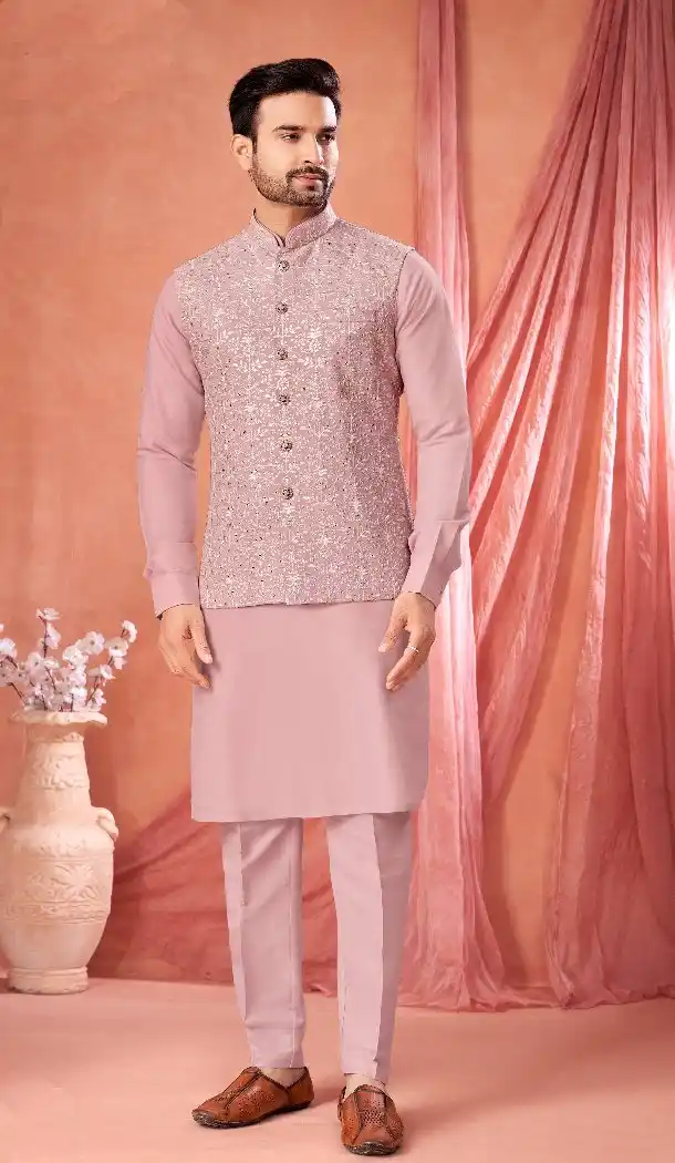 Men’s Pink Banarasi Silk Kurta Pajama – 216392