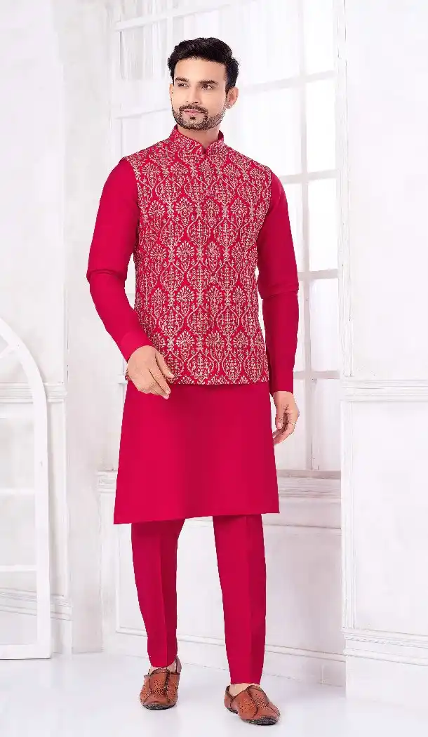 Hot Pink Banarasi Silk Kurta Pajama Set – 216393