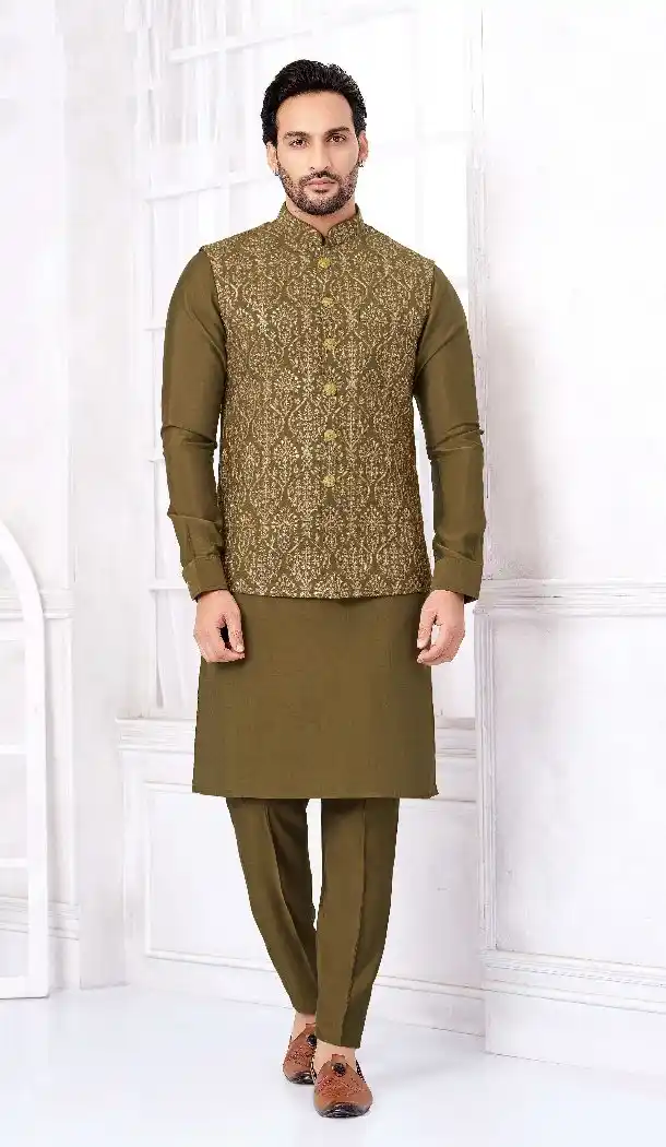 Mehendi Green Banarasi Silk Kurta Pajama for Men – 216395