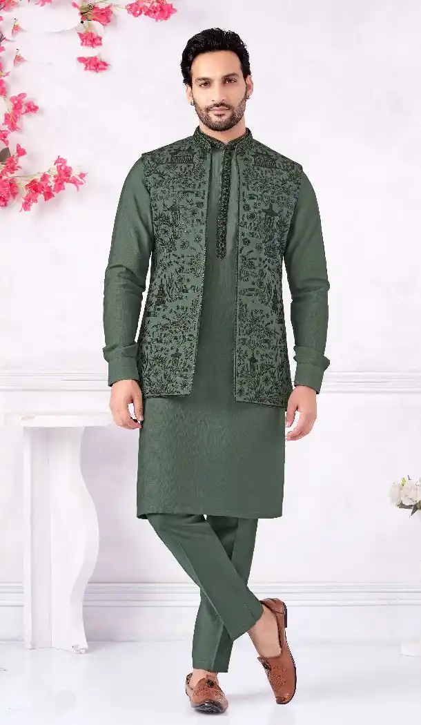 Green Banarasi Silk Kurta Pajama Set – 216397