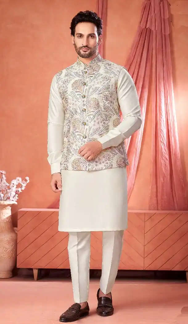 Men’s Cream Banarasi Silk Kurta Pajama Set – 216400