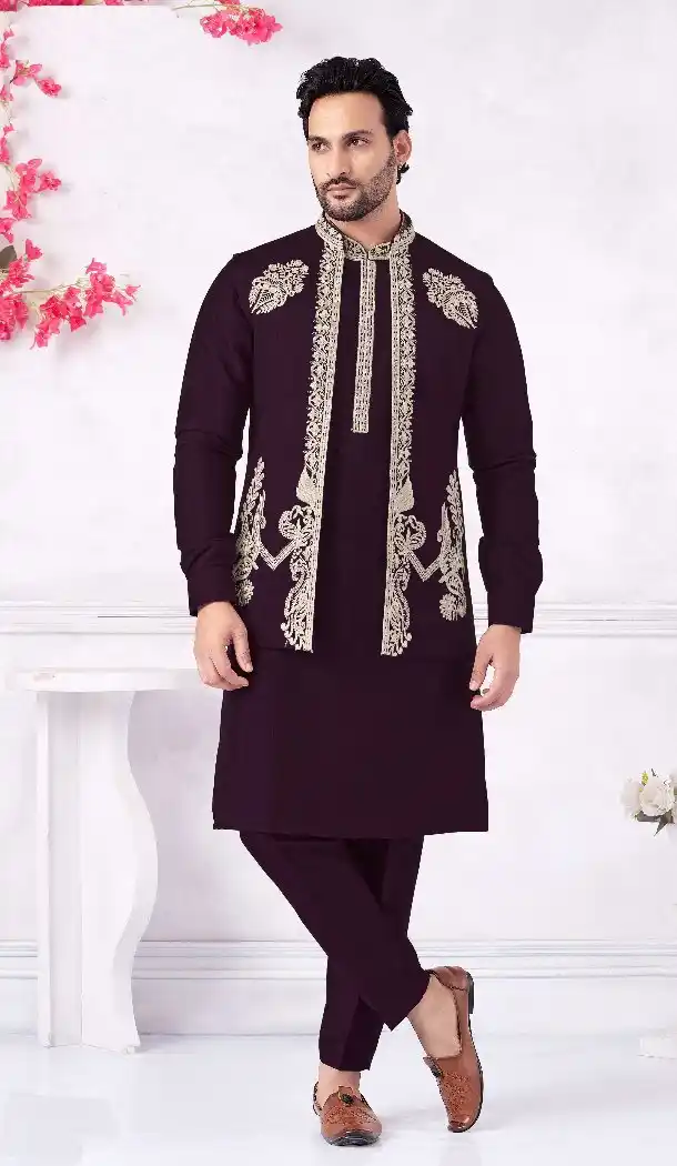 Purple Kurta Pajama in Banarasi Silk for Men – 216401