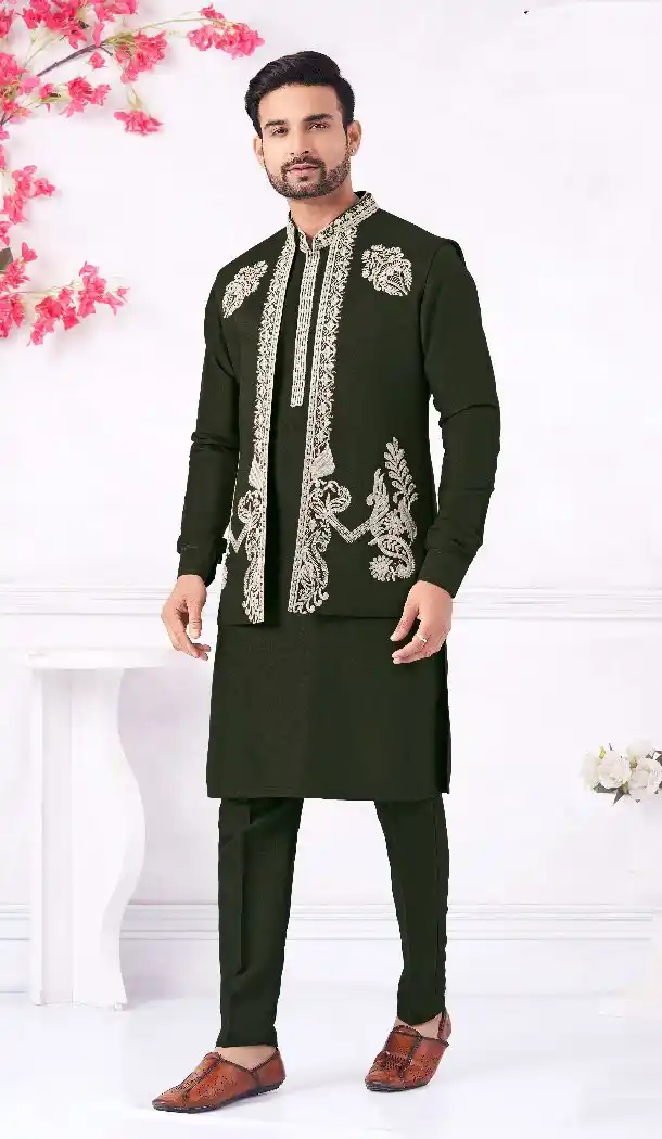 Men’s Green Banarasi Silk Kurta Pajama – 216402