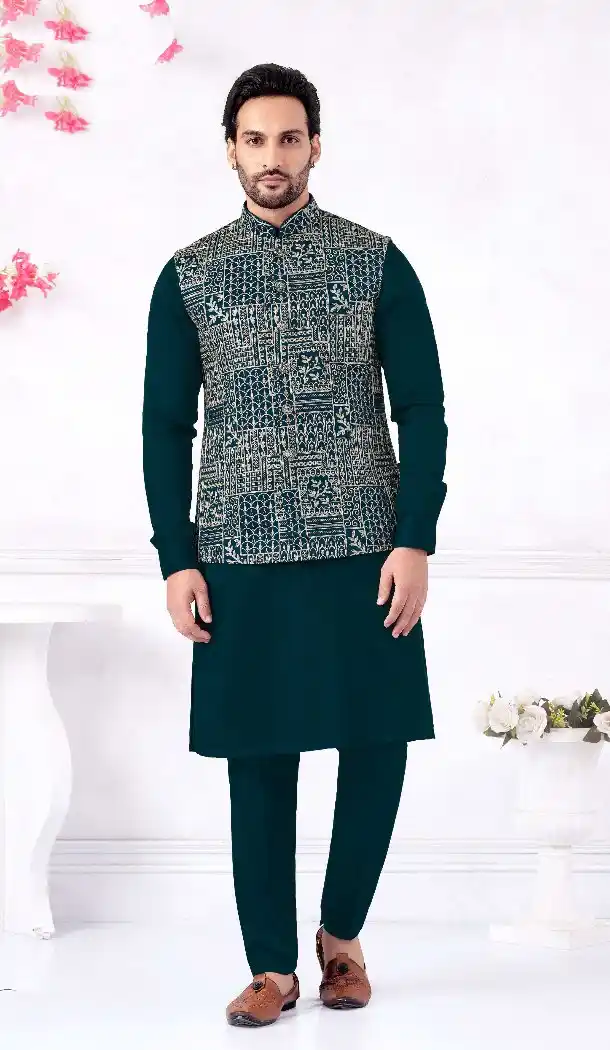 Teal Blue Blue Banarasi Silk Kurta Pajama Set for Men – 216405