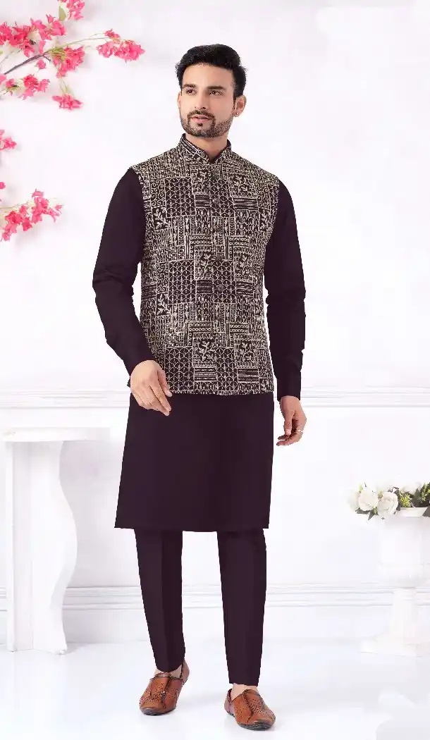 Men’s Purple Banarasi Silk Kurta Pajama Set – 216406