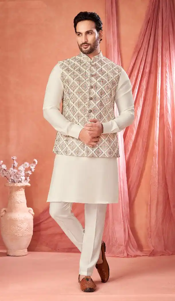 Cream Kurta Pajama in Banarasi Silk for Men – 216407