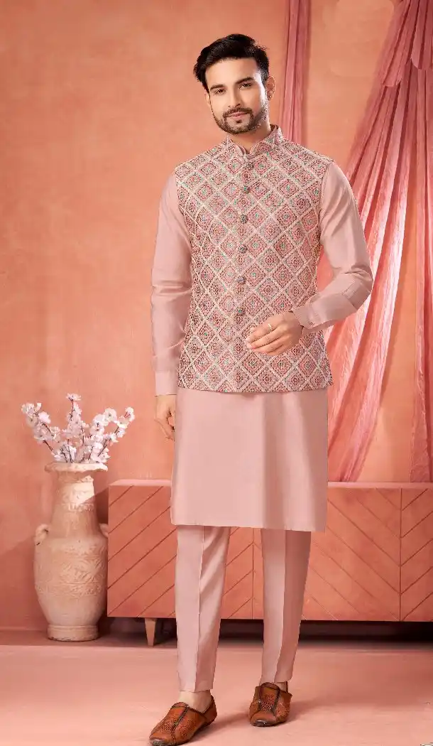 Men’s Pink Banarasi Silk Kurta Pajama Set – 216408