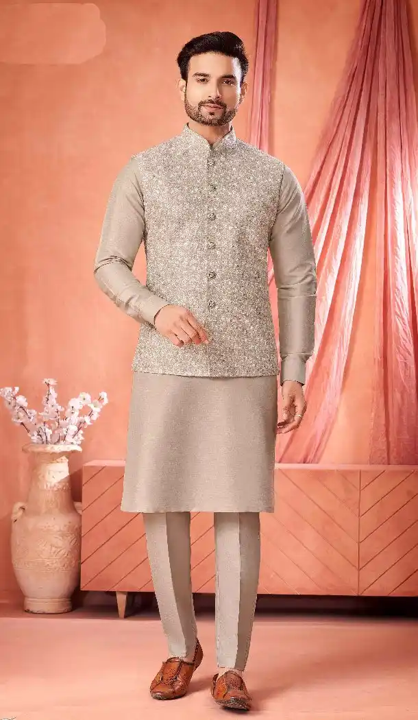 Mouse Grey Banarasi Silk Kurta Pajama for Men – 216409