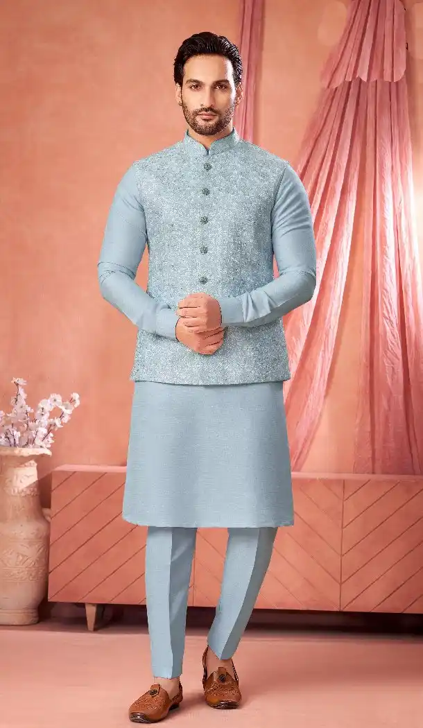 Men’s Ice Blue Banarasi Silk Kurta Pajama – 216410