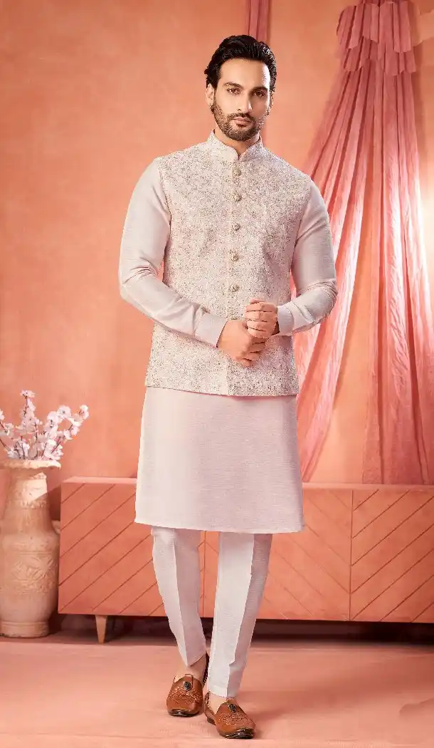 Men Kurta Pajama in Peach Banarasi Silk – 216412