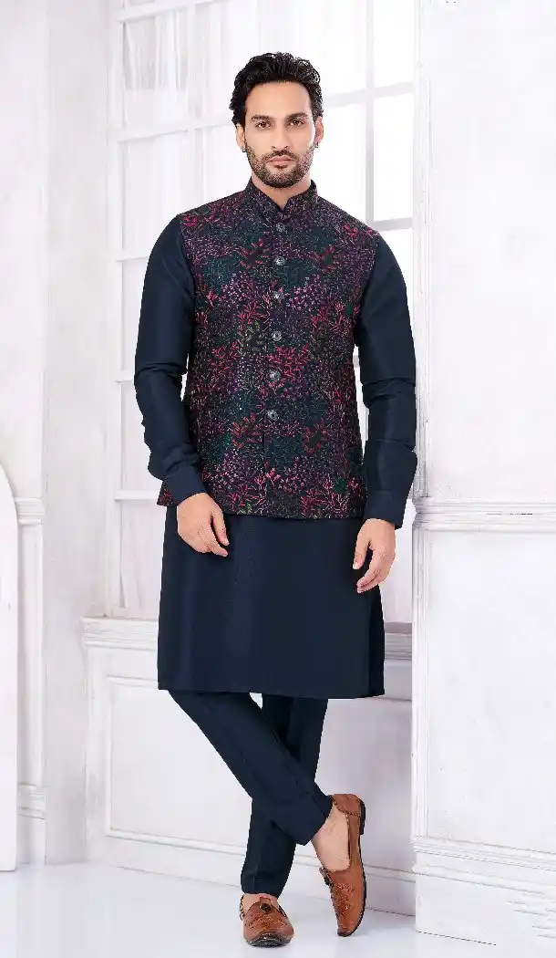 Men’s Navy Blue Banarasi Silk Kurta Pajama – 216414