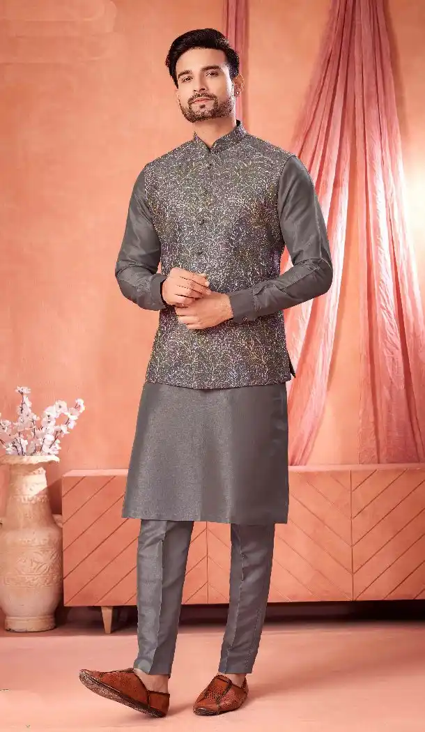Grey Banarasi Silk Kurta Pajama for Men – 216415