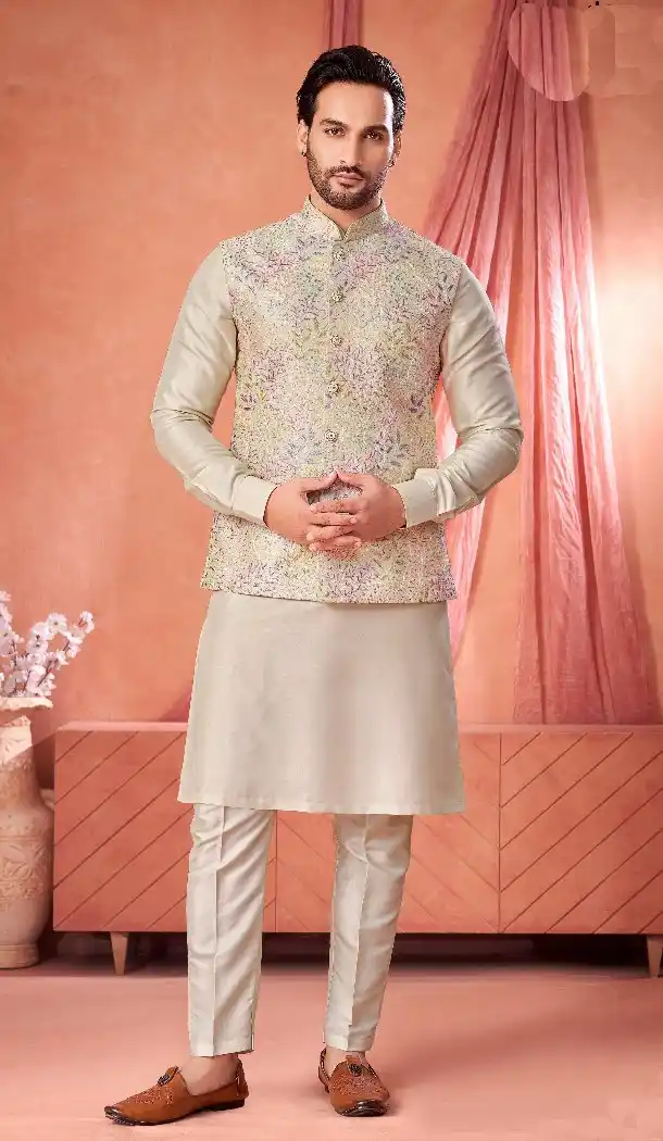 Men Kurta Pajama Cream Banarasi Silk – 216416