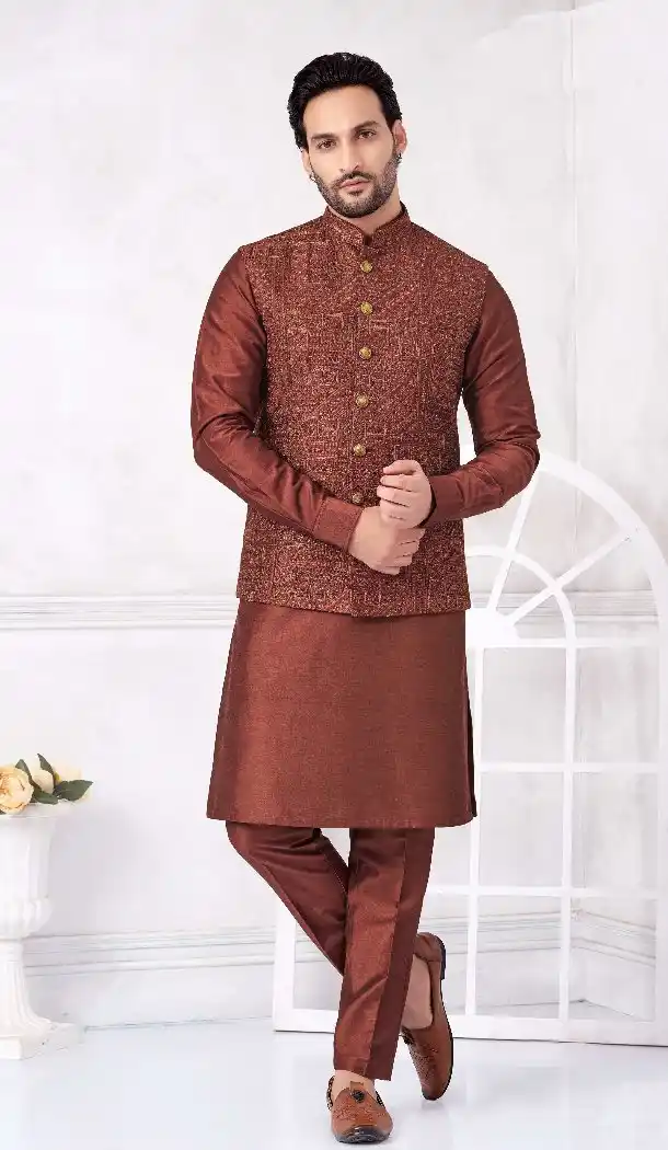 Rust Banarasi Silk Men Kurta Pajama – 216417
