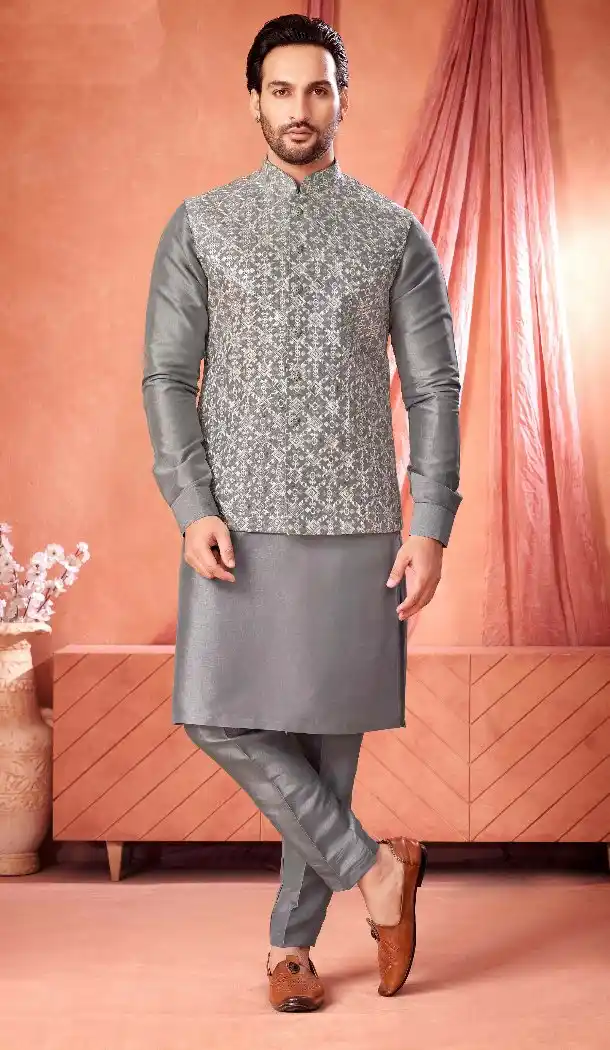 Men’s Grey Banarasi Silk Kurta Pajama Set – 216418