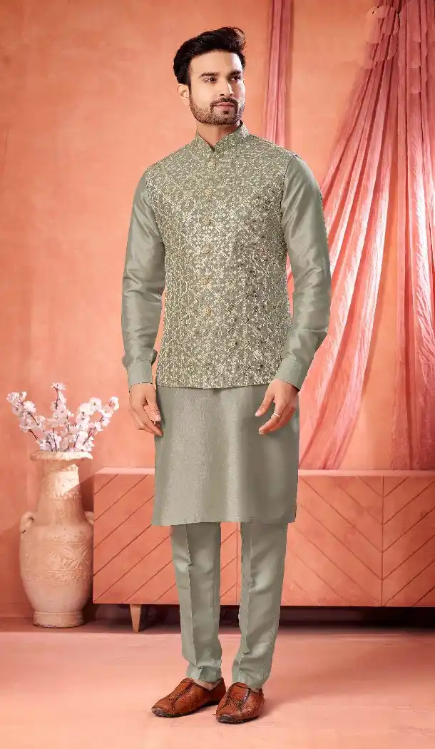 Sage Green Banarasi Silk Kurta Pajama for Men – 216419