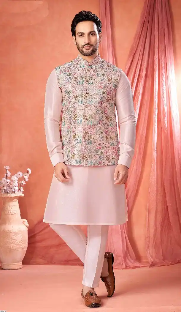 Men Kurta Pajama in Pink Banarasi Silk – 216420