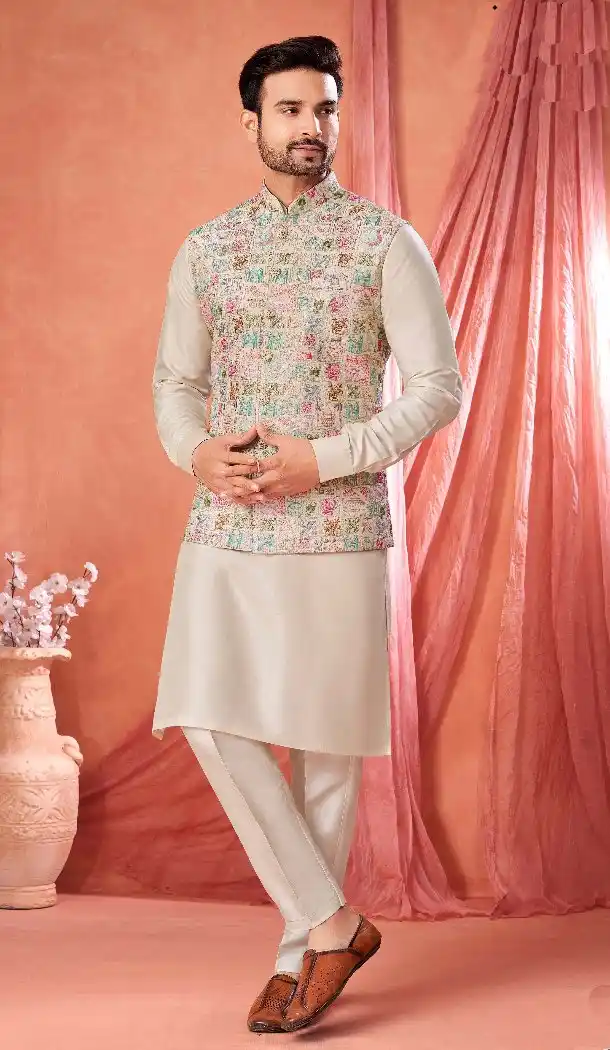 Cream Banarasi Silk Kurta Pajama for Men – 216421