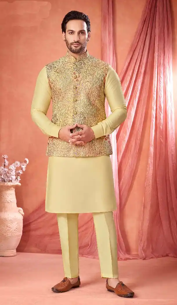 Men’s Lemon Yellow Banarasi Silk Kurta Pajama – 216422