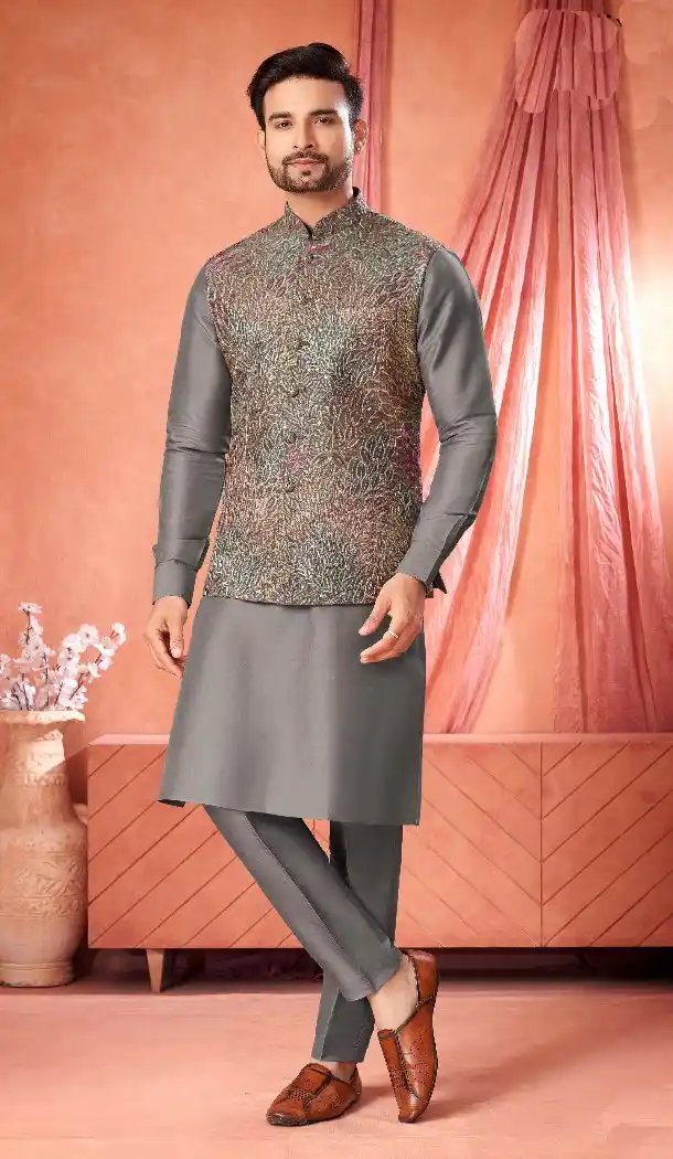 Grey Banarasi Silk Men Kurta Pajama – 216423