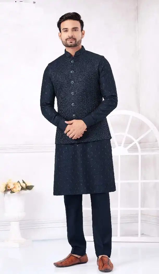 Men Kurta Pajama Navy Blue Banarasi Silk – 216424