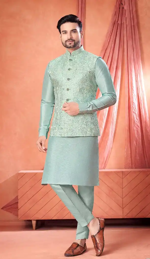 Sky Blue Banarasi Silk Kurta Pajama for Men – 216425