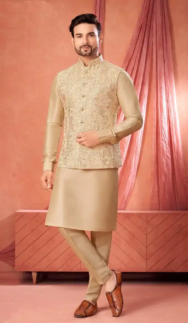 Men’s Gold Banarasi Silk Kurta Pajama – 216426