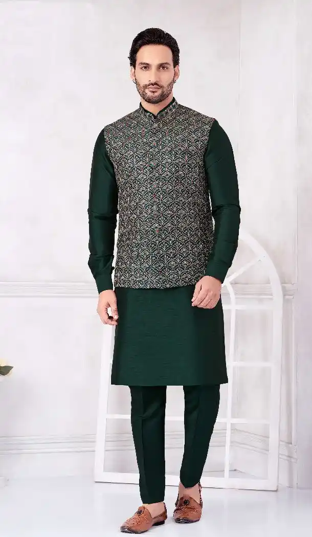 Bottle Green Banarasi Silk Kurta Pajama for Men – 216428
