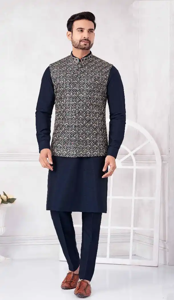 Men Kurta Pajama Navy Blue Banarasi Silk – 216429