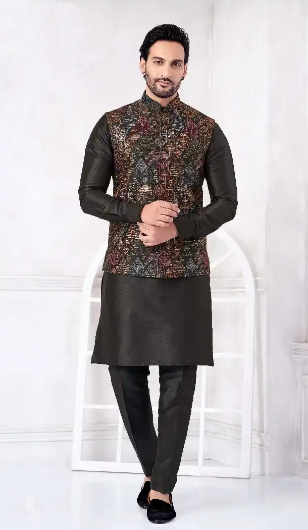 Men’s Black Banarasi Silk Kurta Pajama – 216431
