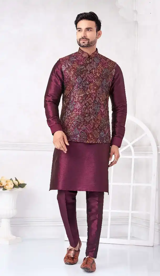 Wine Banarasi Silk Kurta Pajama for Men – 216432