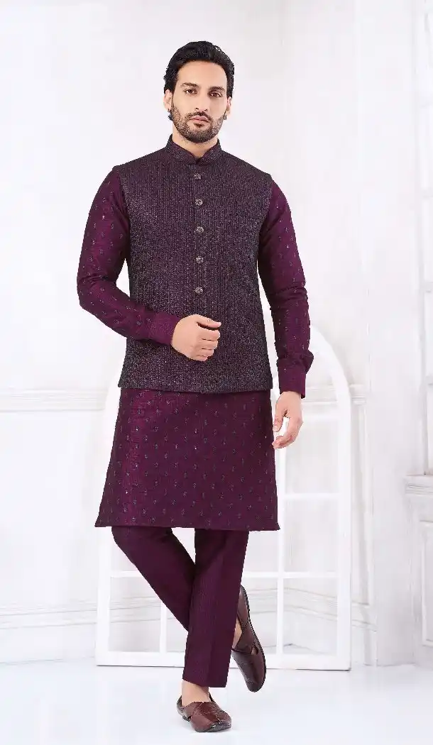 Men Kurta Pajama in Wine Banarasi Silk – 216433