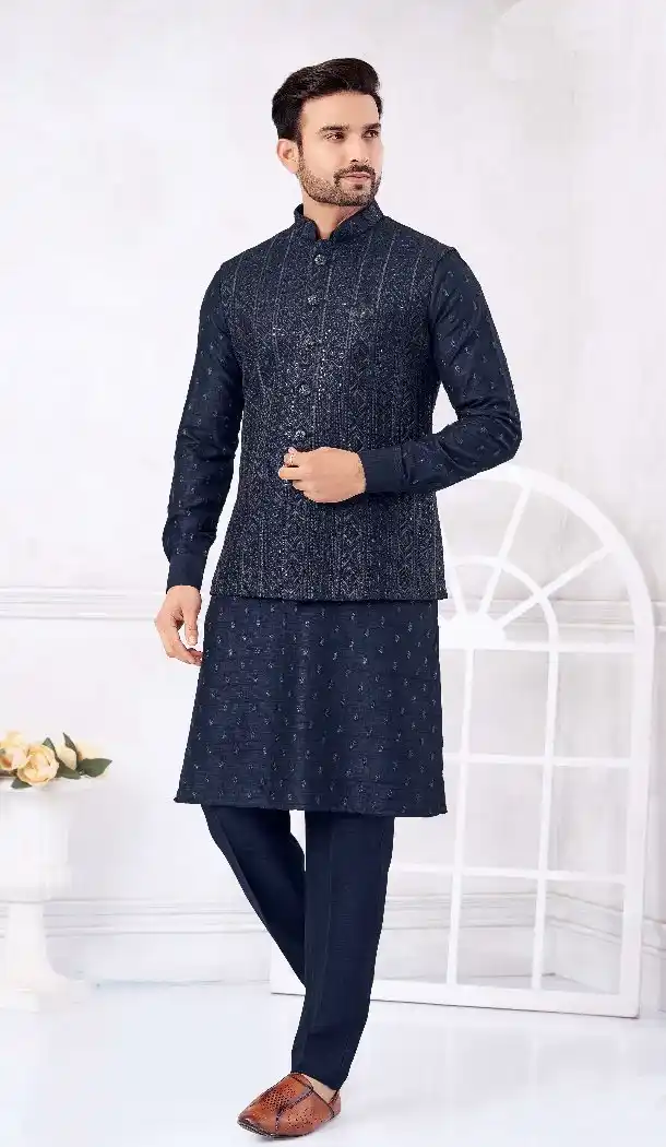 Navy Blue Banarasi Silk Men Kurta Pajama – 216434