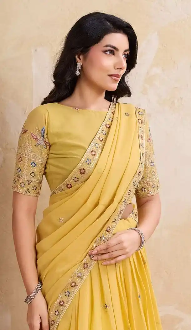 Yellow Embroidered Lehenga Choli in Star Georgette – 216373