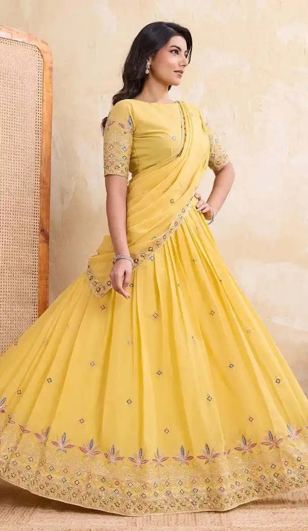 Yellow Embroidered Lehenga Choli in Star Georgette – 216373