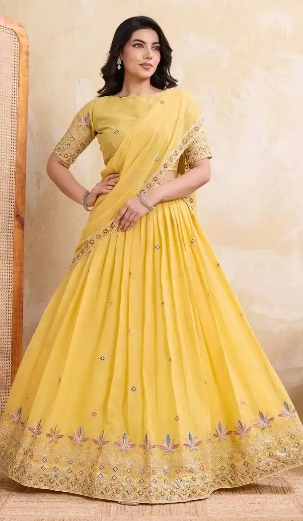 Yellow Embroidered Lehenga Choli in Star Georgette – 216373