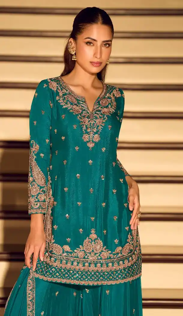Chinon Silk Blue Palazzo Suit with Beads Embroidery – 216447