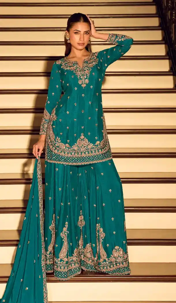 Chinon Silk Blue Palazzo Suit with Beads Embroidery – 216447