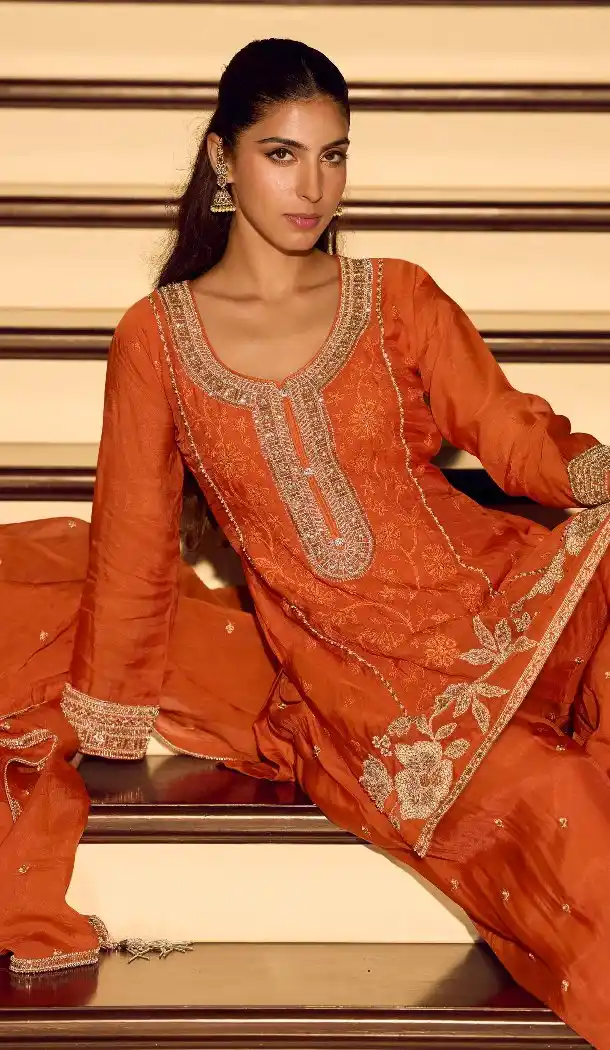 Orange Embroidered Chinon Silk Palazzo Suit – 216448