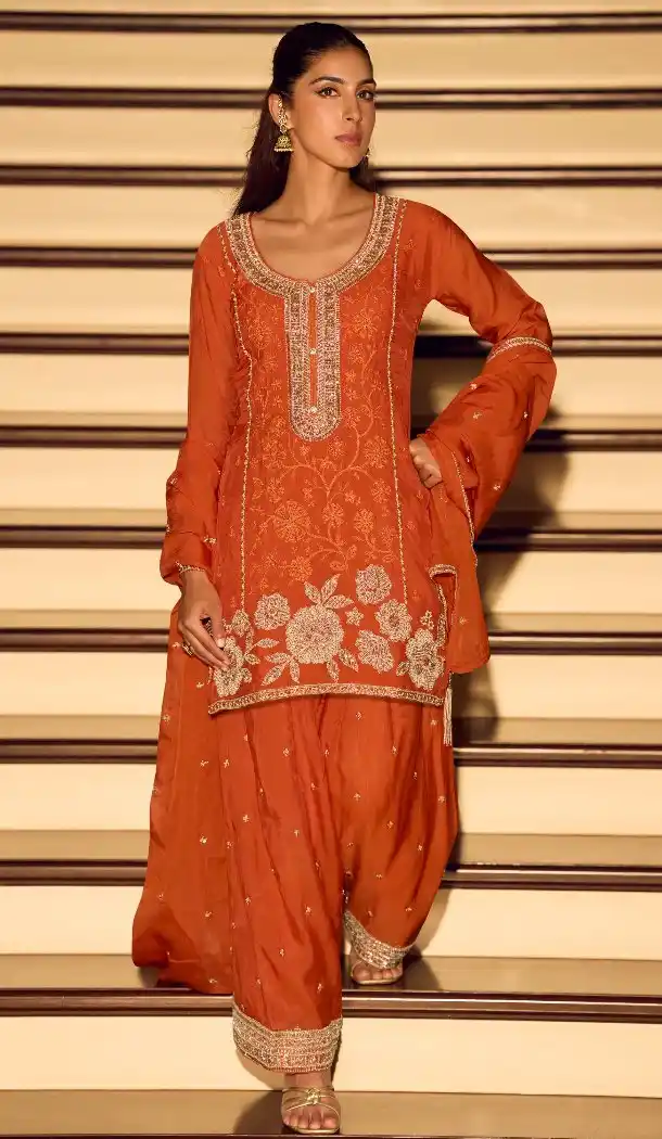 Orange Embroidered Chinon Silk Palazzo Suit – 216448