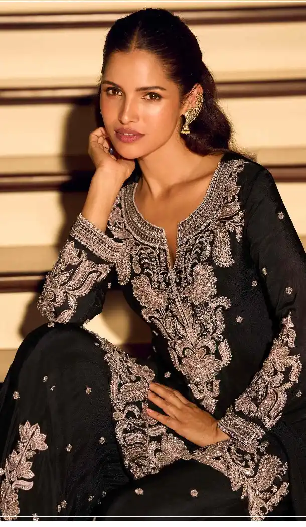Black Embroidered Chinon Silk Palazzo Suit – 216449