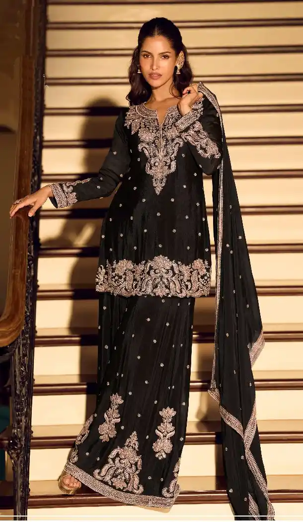Black Embroidered Chinon Silk Palazzo Suit – 216449
