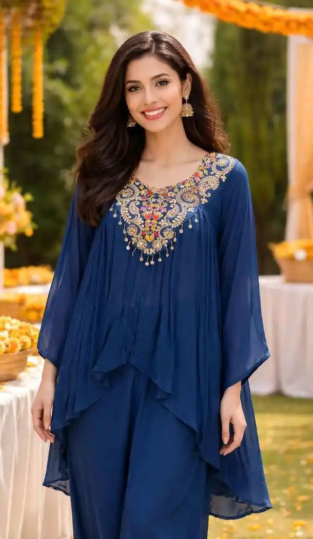 Viscose Chinon Blue Embroidered Palazzo Suit – 216525