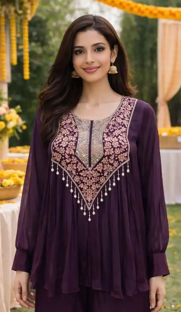 Wine Embroidered Viscose Chinon Palazzo Suit – 216526