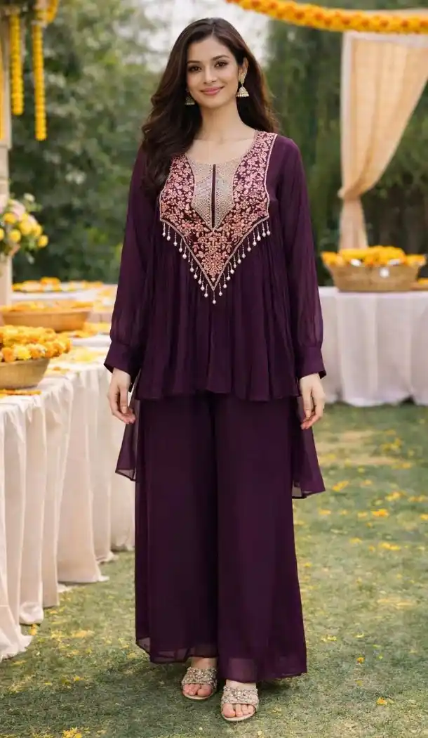 Wine Embroidered Viscose Chinon Palazzo Suit – 216526