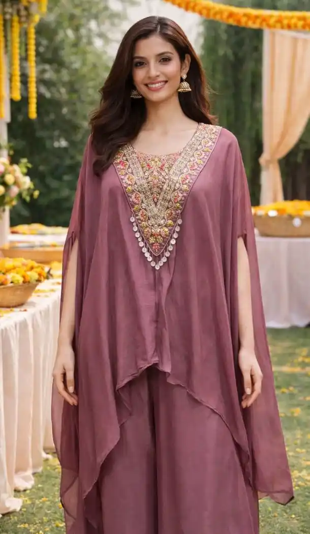 Mauve Embroidered Viscose Chinon Palazzo Suit – 216527